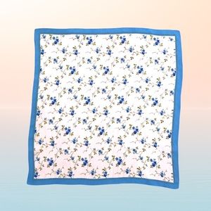 Vintage 1970s blue and white floral small square 100% silk scarf VTG